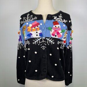 Michael Simon Snowman Christmas Sweater Cardigan Small Beaded Pom Pom Holiday